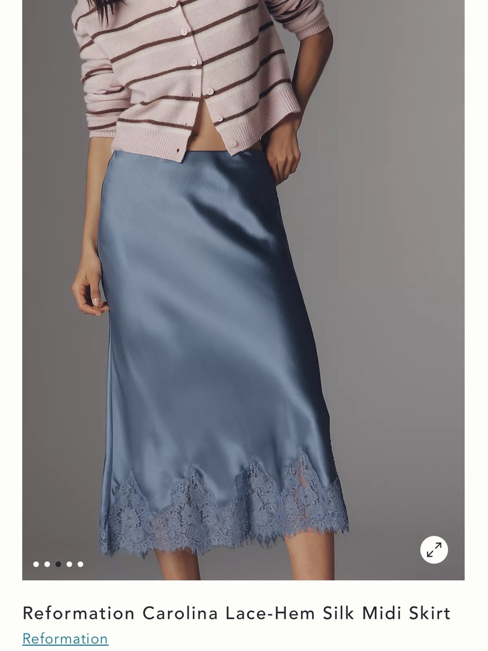 Reformation Satin Lace-Hem Midi Skirt in Slate Blue - Picture 5 of 5